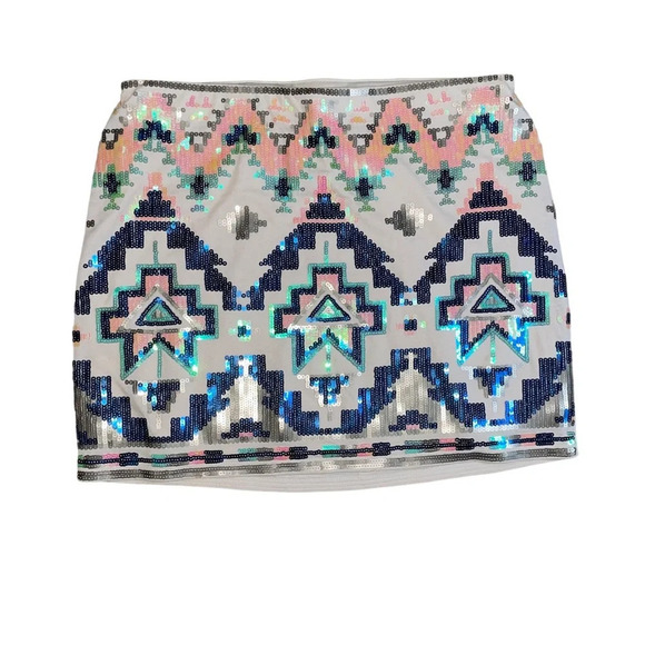 Express Aztec Sequin Tribal Cream Mini Skirt Size XS Colorful Boho Southwestern - Picture 7 of 7